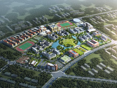 School Campus Architecture With Multiple Buildings Green Spaces Lakes And Sports Fields 3d model