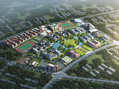 School Campus Architecture With Multiple Buildings Green Spaces Lakes And Sports Fields 3d model