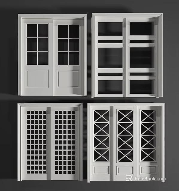 White Sliding Doors with Grid and Geometric Patterns for Interior Design 3d model 