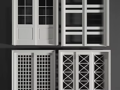 White Sliding Doors with Grid and Geometric Patterns for Interior Design 3d model
