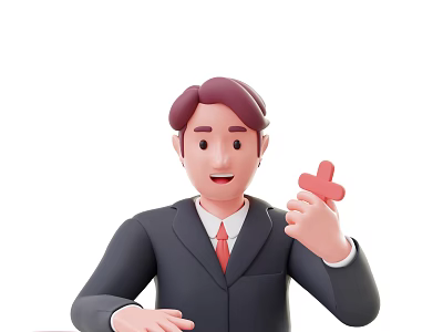 Man in Suit With Red Tie Smiling While Holding Red Cross Symbol at Desk 3d model