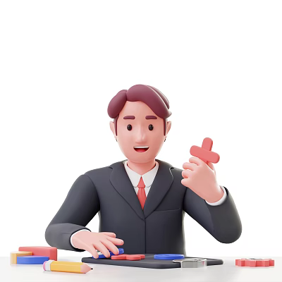 Man in Suit With Red Tie Smiling While Holding Red Cross Symbol at Desk 3d model