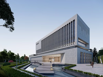 Modern Office Building With Vertical Strip Facade Landscaping Water Feature And Plaza 3d model