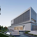 Modern Office Building With Vertical Strip Facade Landscaping Water Feature And Plaza