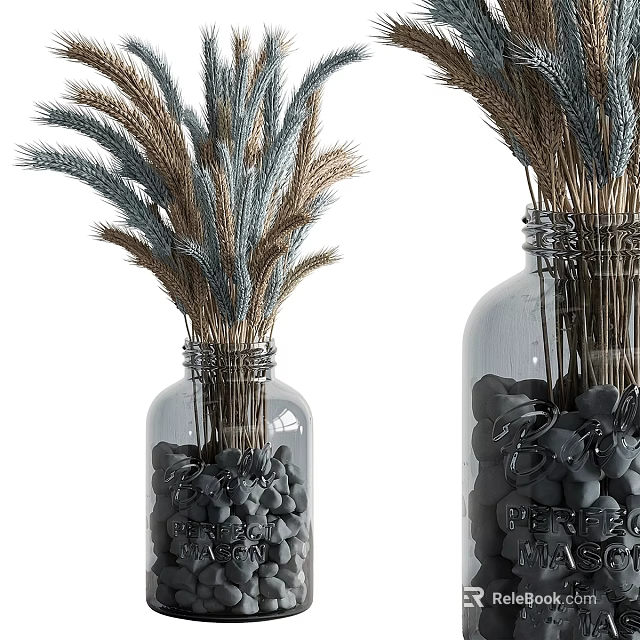 Decorative Ornament Set With Clear Glass Jars Black Pebbles And Dried Wheat Stems 3d model 