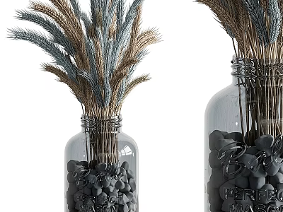 Decorative Ornament Set With Clear Glass Jars Black Pebbles And Dried Wheat Stems 3d model