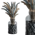 Decorative Ornament Set With Clear Glass Jars Black Pebbles And Dried Wheat Stems