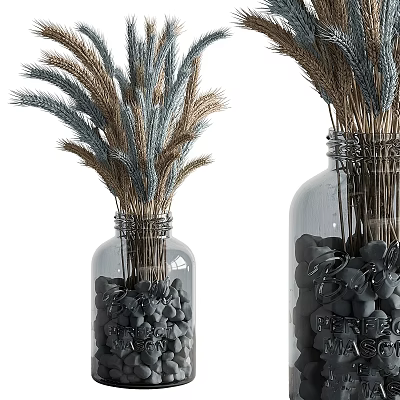 Decorative Ornament Set With Clear Glass Jars Black Pebbles And Dried Wheat Stems 3d model