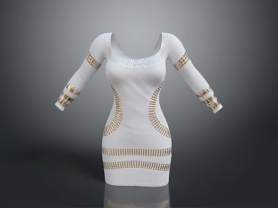 Elegant White Daily Dress with Gold Decorative Patterns on Sleeves and Waist 3d model