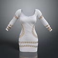 Elegant White Daily Dress with Gold Decorative Patterns on Sleeves and Waist