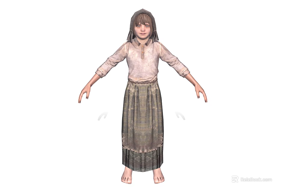 Woman with long hair wearing light colored long sleeved top and patterned long skirt barefoot 3d model 