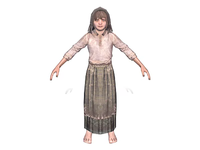 Woman with long hair wearing light colored long sleeved top and patterned long skirt barefoot 3d model