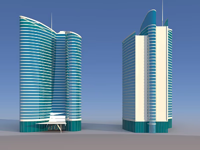Modern High Rise Buildings Featuring Blue White Glass Curtain Walls Curved Structures And Green Bases 3d model