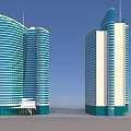 Modern High Rise Buildings Featuring Blue White Glass Curtain Walls Curved Structures And Green Bases