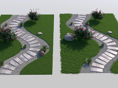 Beautiful Garden Flowers in Landscaped Yard with Curved Stone Path Green Grass Rocks and Pebbles 3d model