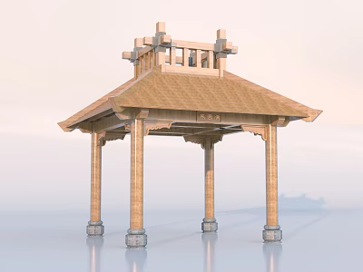 Traditional Chinese Wooden Pavilion With Tiled Roof And Four Stone Bases 3d model