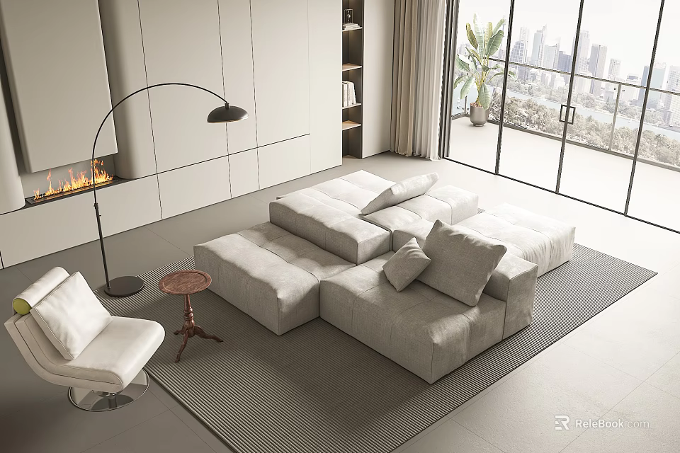 Modern L shaped Gray Sofa and Coffee Table Set in Living Room with City View 3d model 