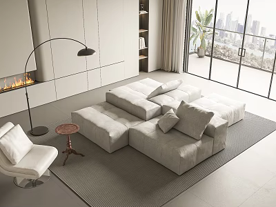 Modern L shaped Gray Sofa and Coffee Table Set in Living Room with City View 3d model