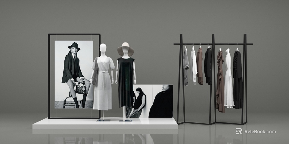 Mannequins In Dresses With Clothes Racks And Black White Model Photos In Fashion 3d model 