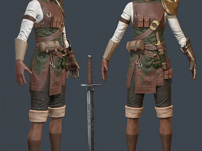Adventurous Fantasy Characters In Green Brown Vest With Decorative Belts Gloves And Sword 3d model