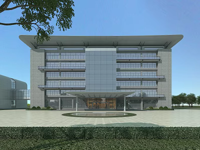 Modern Office Building With Glass Curtain Walls Stone Exterior Walls Spacious Entrance And Plaza Greenery 3d model