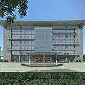 Modern Office Building With Glass Curtain Walls Stone Exterior Walls Spacious Entrance And Plaza Greenery