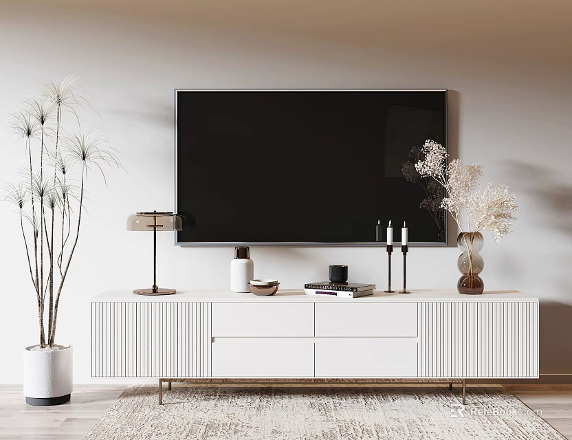Modern White TV Stand Living Room Design With TV Screen Table Lamp Vase And Potted Plant 3d model 
