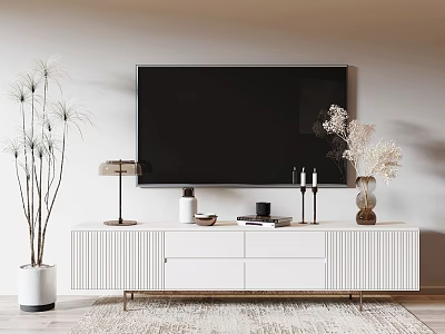Modern White TV Stand Living Room Design With TV Screen Table Lamp Vase And Potted Plant 3d model