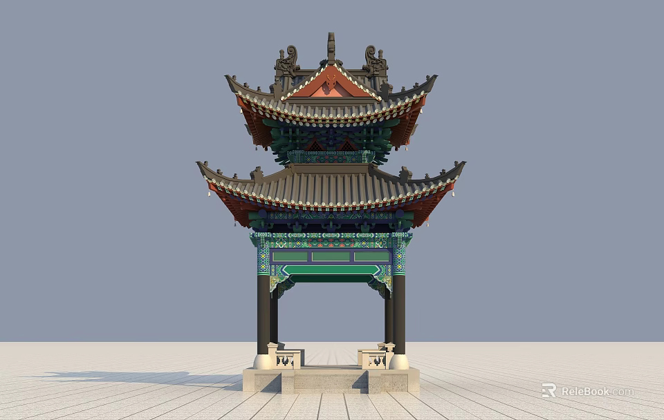 Ancient Chinese Pavilion With Multi tiered Roof Overhanging Eaves And Green Red Decorations 3d model 