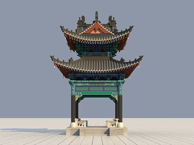 Ancient Chinese Pavilion With Multi tiered Roof Overhanging Eaves And Green Red Decorations 3d model