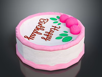 Happy Birthday Cake With Pink Roses Green Leaves And Festive Text 3d model