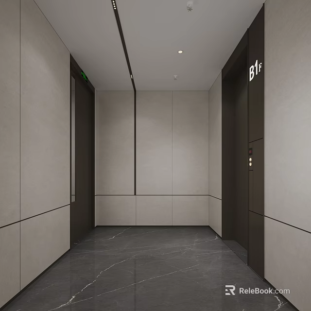 Modern Elevator Lobby With Light Gray Walls And Dark Marble Flooring 3d model 
