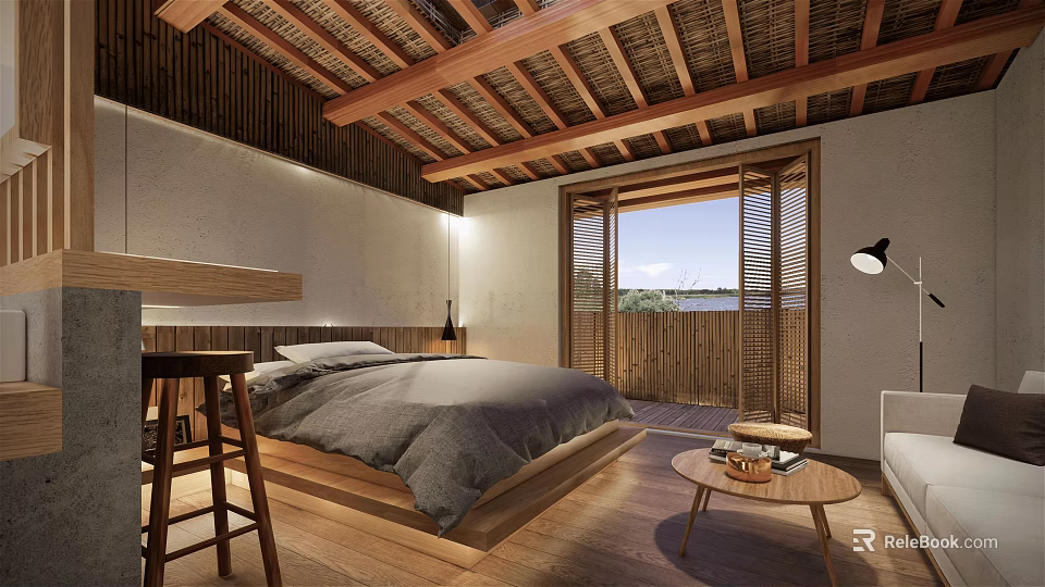 Natural Minimalist Hotel Room Interior With Wooden Ceiling Sliding Doors And Bed 3d model 