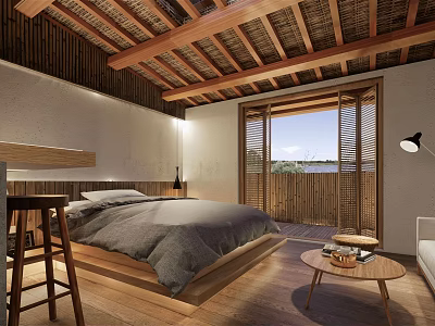 Natural Minimalist Hotel Room Interior With Wooden Ceiling Sliding Doors And Bed 3d model