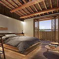 Natural Minimalist Hotel Room Interior With Wooden Ceiling Sliding Doors And Bed
