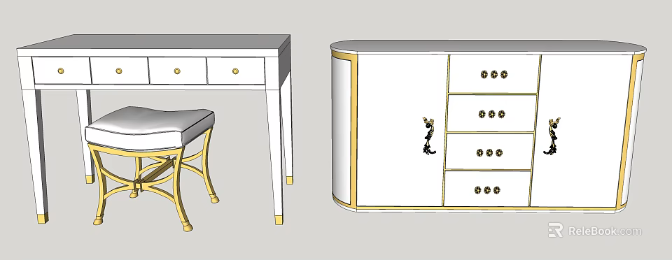 Elegant Modern Vanity Table With Gold Accents Drawer Storage And Matching Stool 3d model
