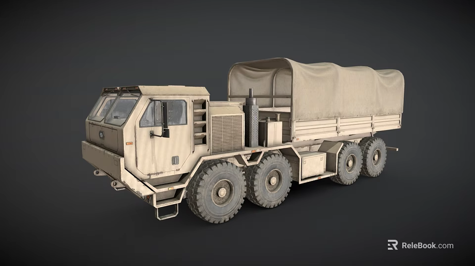 Beige Military Cargo Truck With Canvas Cover And Six Large Off Road Wheels 3d model 