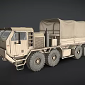 Beige Military Cargo Truck With Canvas Cover And Six Large Off Road Wheels