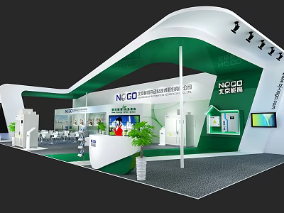 NEO Exhibition Booth With Green And White Modern Design Display Areas Plants And Digital Screens 3d model