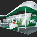 NEO Exhibition Booth With Green And White Modern Design Display Areas Plants And Digital Screens