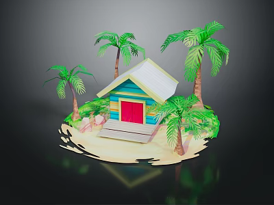 Small Tropical Cottage With Blue Walls Red Door White Roof And Palm Trees On Sand 3d model