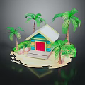 Small Tropical Cottage With Blue Walls Red Door White Roof And Palm Trees On Sand