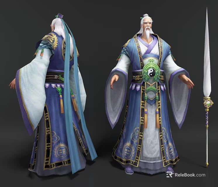Traditional Taoist Elder Character In Blue Robe With White Flag And Ornaments 3d model 