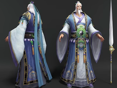 Traditional Taoist Elder Character In Blue Robe With White Flag And Ornaments 3d model