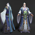 Traditional Taoist Elder Character In Blue Robe With White Flag And Ornaments