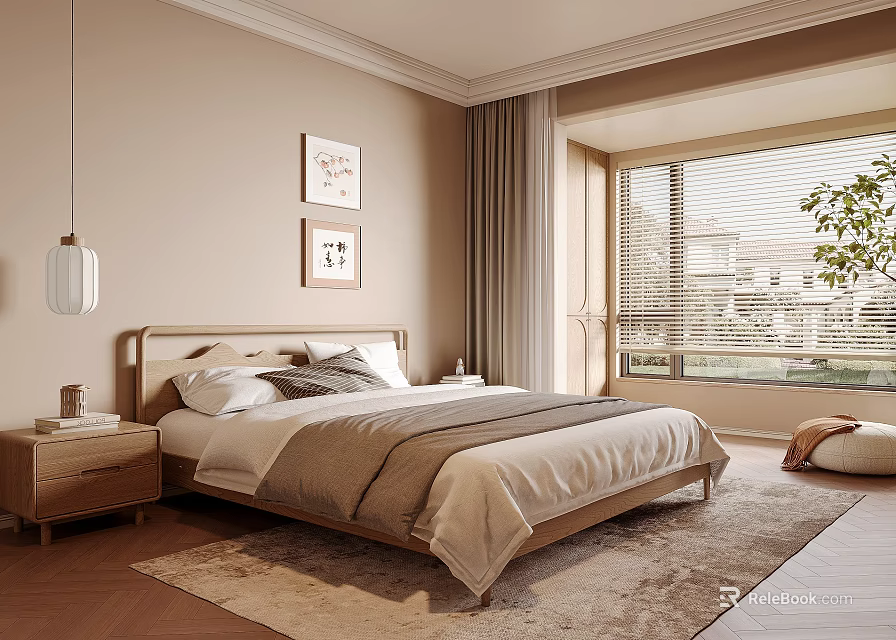 Warm Modern Bedroom Interior With Wooden Bed Paintings Pendant Lamp And Large Window Curtains 3d model 