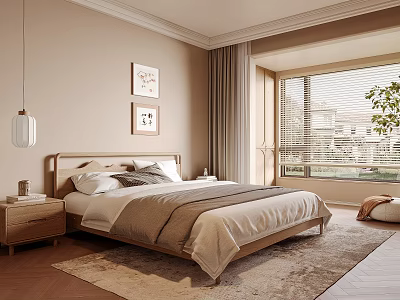 Warm Modern Bedroom Interior With Wooden Bed Paintings Pendant Lamp And Large Window Curtains 3d model
