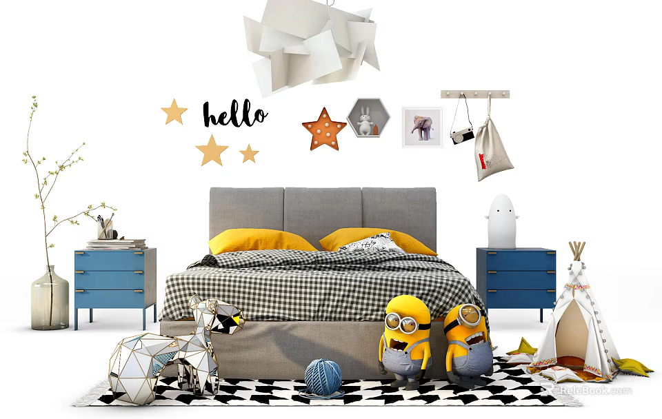 Kids Bed With Gray Headboard Yellow Pillows Black White Checkered Bedding And Blue Nightstands 3d model 