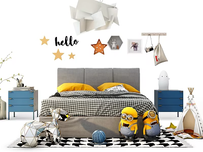 Kids Bed With Gray Headboard Yellow Pillows Black White Checkered Bedding And Blue Nightstands 3d model