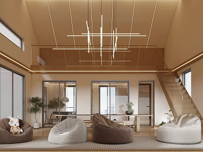 Modern Entertainment Room Interior With Bean Bags Stylish Pendant Lights And Large Windows 3d model